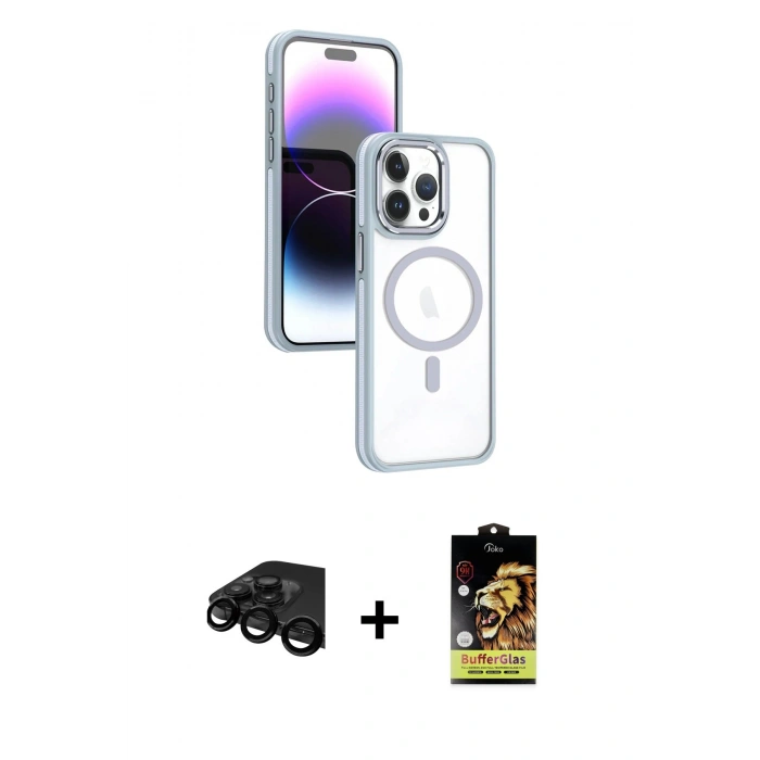 MARSİLYAN™- iPhone 15 Pro Kılıf Yörünge Klasik - Siyah Buffer Cam Ekran Koruyucu + Raze Metal Kamera Lens - SH