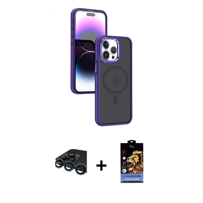 MARSİLYAN™- iPhone 15 Pro Kılıf Yörünge Klasik - Siyah Buffer Hayalet Cam Ekran Koruyucu + Raze Metal Kamera Lens - LT