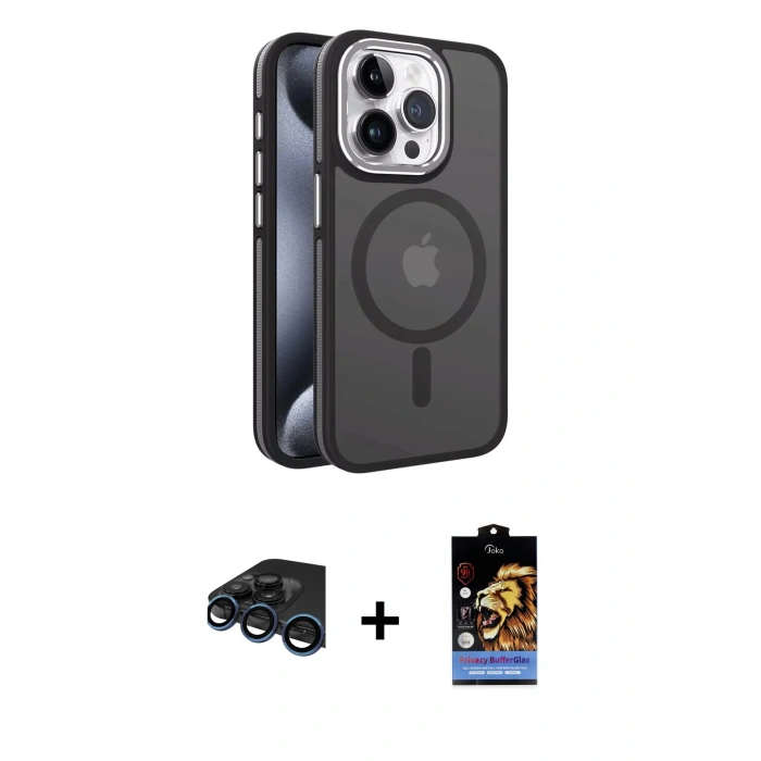 MARSİLYAN™- iPhone 15 Pro Kılıf Yörünge Klasik - Siyah Buffer Hayalet Cam Ekran Koruyucu + Raze Metal Kamera Lens - LT