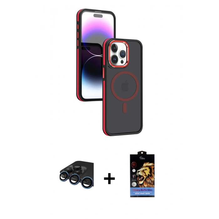 MARSİLYAN™- iPhone 15 Pro Kılıf Yörünge Klasik - Siyah Buffer Hayalet Cam Ekran Koruyucu + Raze Metal Kamera Lens - LT