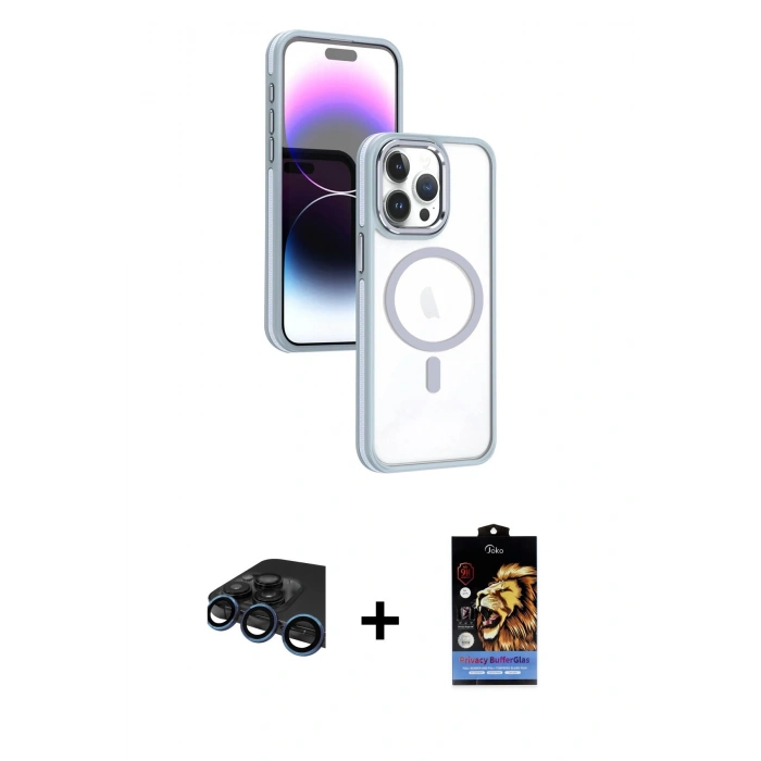 MARSİLYAN™- iPhone 15 Pro Kılıf Yörünge Klasik - Siyah Buffer Hayalet Cam Ekran Koruyucu + Raze Metal Kamera Lens - LT