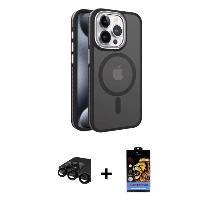 MARSİLYAN™- iPhone 15 Pro Kılıf Yörünge Klasik - Siyah Buffer Hayalet Cam Ekran Koruyucu + Siyah Raze Metal Kamera Lens
