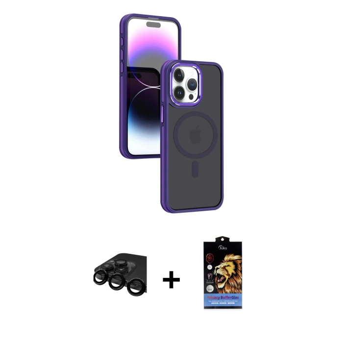 MARSİLYAN™- iPhone 15 Pro Kılıf Yörünge Klasik - Siyah Buffer Hayalet Cam Ekran Koruyucu + Siyah Raze Metal Kamera Lens