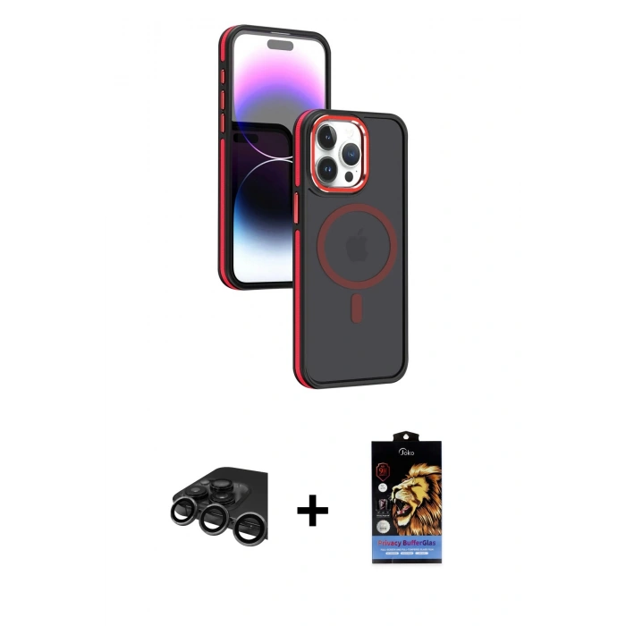 MARSİLYAN™- iPhone 15 Pro Kılıf Yörünge Klasik - Siyah Buffer Hayalet Cam Ekran Koruyucu + Raze Metal Kamera Lens - TMGI