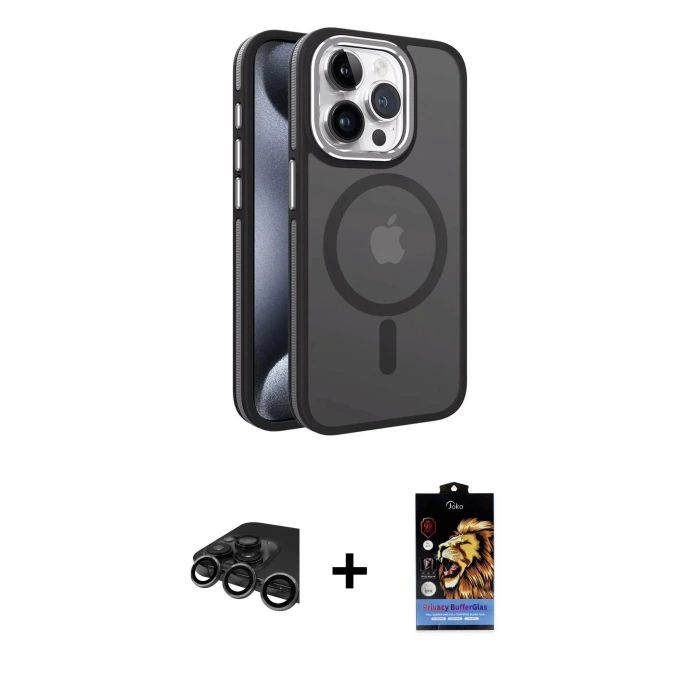 MARSİLYAN™- iPhone 15 Pro Kılıf Yörünge Klasik - Siyah Buffer Hayalet Cam Ekran Koruyucu + Raze Metal Kamera Lens - TMGI