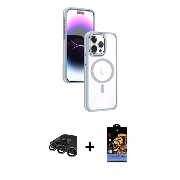 MARSİLYAN™- iPhone 15 Pro Kılıf Yörünge Klasik - Siyah Buffer Hayalet Cam Ekran Koruyucu + Raze Metal Kamera Lens - TMGI