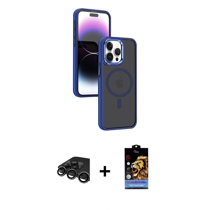 MARSİLYAN™- iPhone 15 Pro Kılıf Yörünge Klasik - Siyah Buffer Hayalet Cam Ekran Koruyucu + Raze Metal Kamera Lens - TMGI