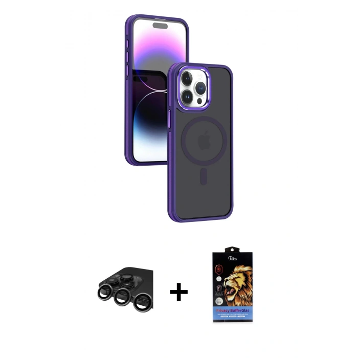 MARSİLYAN™- iPhone 15 Pro Kılıf Yörünge Klasik - Siyah Buffer Hayalet Cam Ekran Koruyucu + Raze Metal Kamera Lens - TMGI