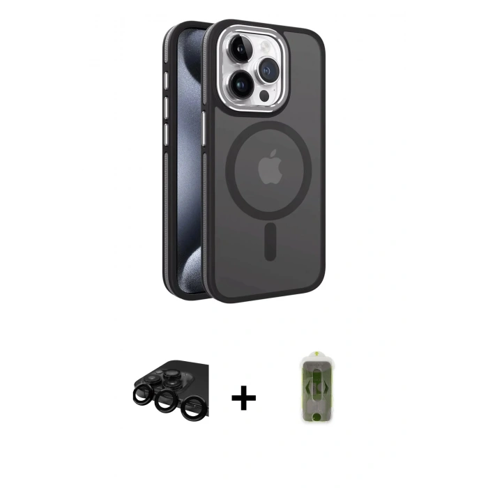 MARSİLYAN™- iPhone 15 Pro Kılıf Yörünge Klasik - Siyah Joko Magic 5D Hayalet Cam + Raze Metal Kamera Lens - SH