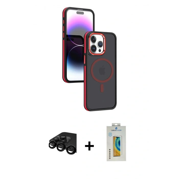 MARSİLYAN™- iPhone 15 Pro Kılıf Yörünge Klasik - Siyah Polymer Nano Ekran Koruyucu + Raze Metal Kamera Lens - SH