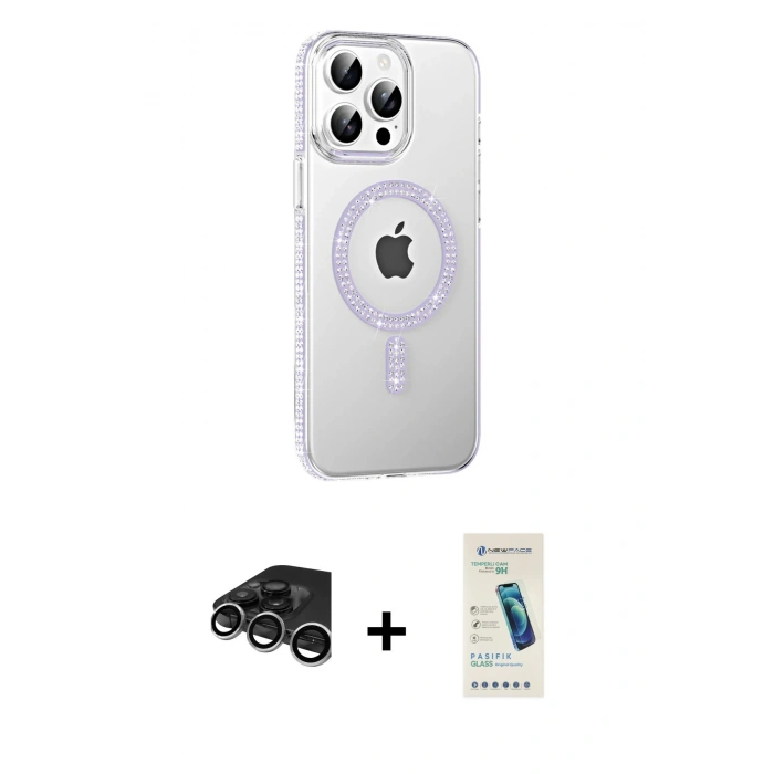 MARSİLYAN™- iPhone 15 Pro Kılıf Yörünge Koleksiyonu - Şeffaf Pasifik Cam Ekran Koruyucu + Raze Metal Kamera Lens - GS