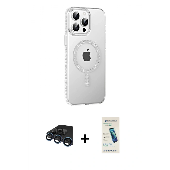 MARSİLYAN™- iPhone 15 Pro Kılıf Yörünge Koleksiyonu - Şeffaf Pasifik Cam Ekran Koruyucu + Raze Metal Kamera Lens - LT