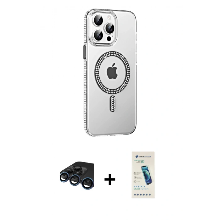 MARSİLYAN™- iPhone 15 Pro Kılıf Yörünge Koleksiyonu - Şeffaf Pasifik Cam Ekran Koruyucu + Raze Metal Kamera Lens - LT