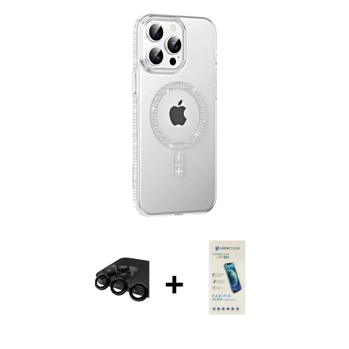 MARSİLYAN™- iPhone 15 Pro Kılıf Yörünge Koleksiyonu - Şeffaf Pasifik Cam Ekran Koruyucu + Raze Metal Kamera Lens - SH