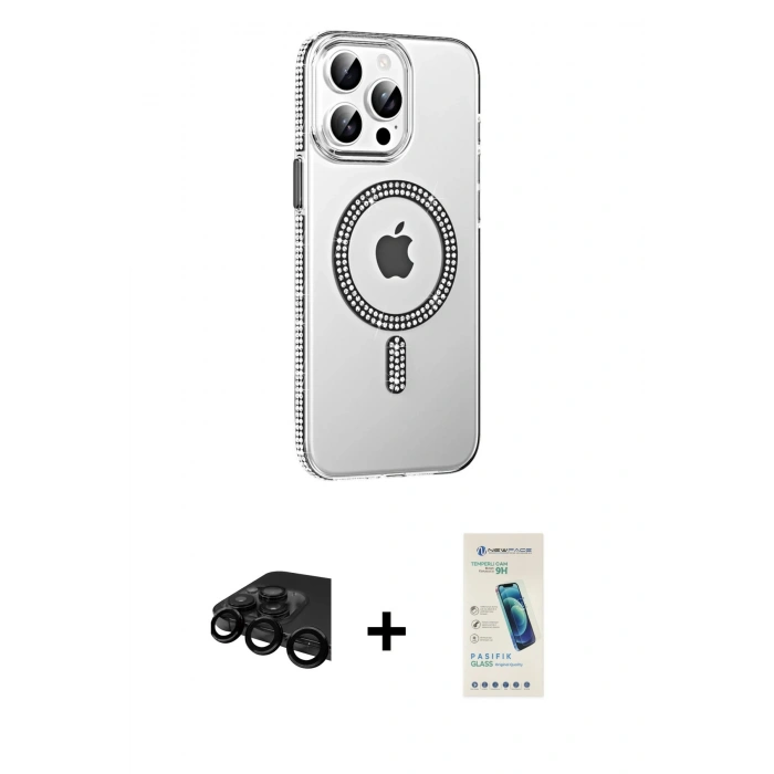 MARSİLYAN™- iPhone 15 Pro Kılıf Yörünge Koleksiyonu - Şeffaf Pasifik Cam Ekran Koruyucu + Raze Metal Kamera Lens - SH