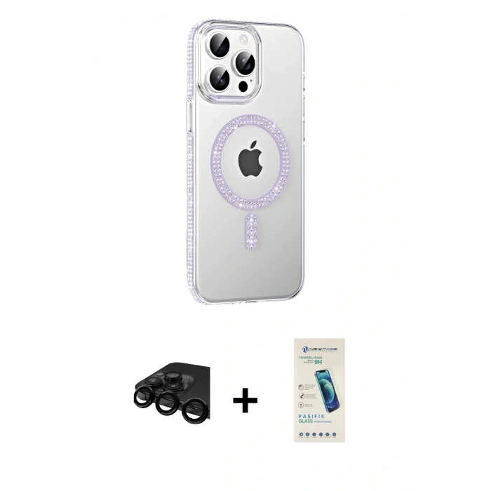 MARSİLYAN™- iPhone 15 Pro Kılıf Yörünge Koleksiyonu - Şeffaf Pasifik Cam Ekran Koruyucu + Raze Metal Kamera Lens - SH