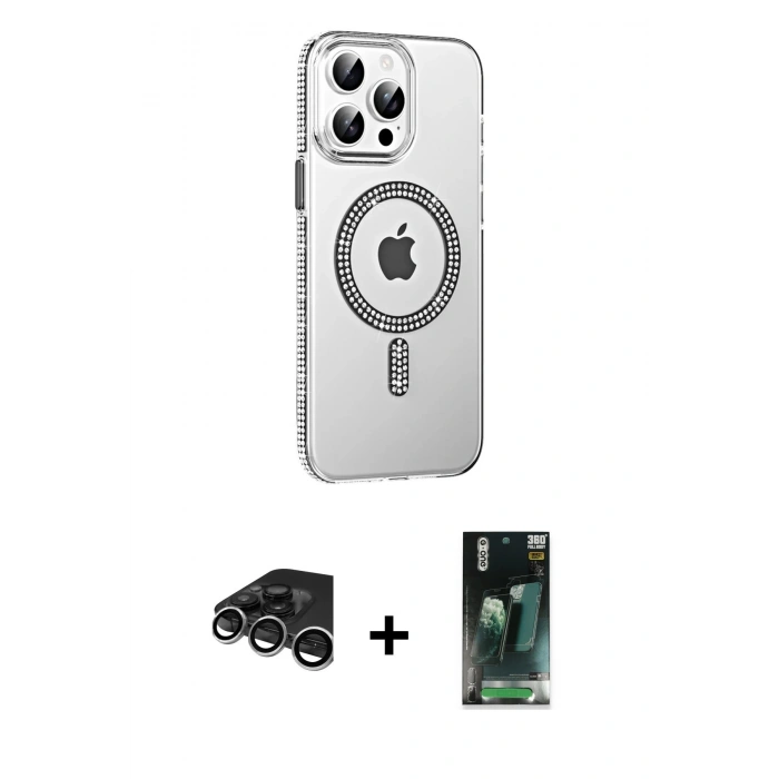 MARSİLYAN™- iPhone 15 Pro Kılıf Yörünge Koleksiyonu - Siyah 360 Mat Full Body Arka Koruyucu + Raze Metal Kamera Lens - GS