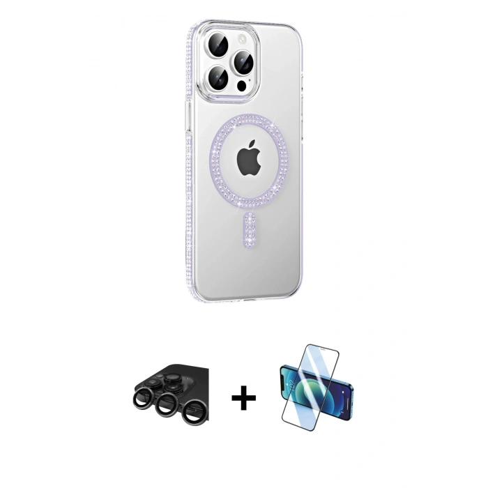 MARSİLYAN™- iPhone 15 Pro Kılıf Yörünge Koleksiyonu - Siyah 3D Antistatik Cam Ekran Koruyucu + Raze Metal Kamera Lens - TMGI