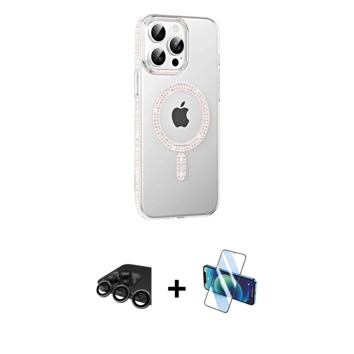 MARSİLYAN™- iPhone 15 Pro Kılıf Yörünge Koleksiyonu - Siyah 3D Antistatik Cam Ekran Koruyucu + Raze Metal Kamera Lens - TMGI