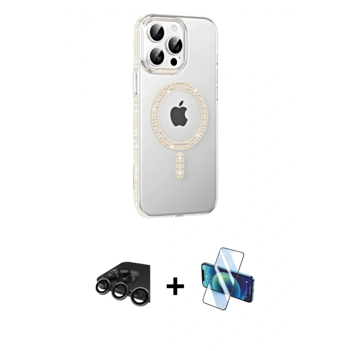 MARSİLYAN™- iPhone 15 Pro Kılıf Yörünge Koleksiyonu - Siyah 3D Antistatik Cam Ekran Koruyucu + Raze Metal Kamera Lens - TMGI