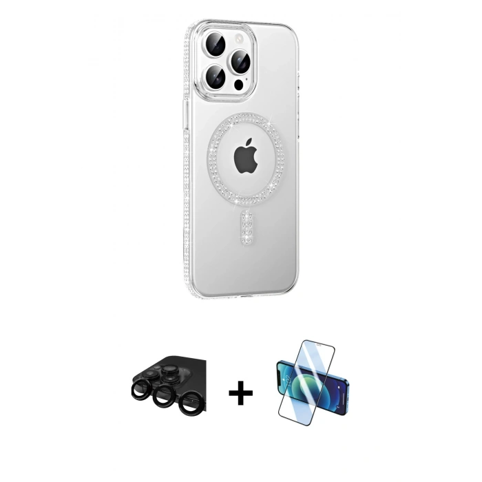 MARSİLYAN™- iPhone 15 Pro Kılıf Yörünge Koleksiyonu - Siyah 3D Antistatik Seramik Nano Ekran Koruyucu + Raze Metal Kamera Lens - SH