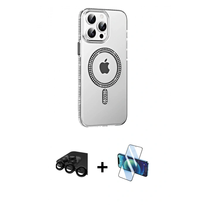 MARSİLYAN™- iPhone 15 Pro Kılıf Yörünge Koleksiyonu - Siyah 3D Antistatik Seramik Nano Ekran Koruyucu + Raze Metal Kamera Lens - SH