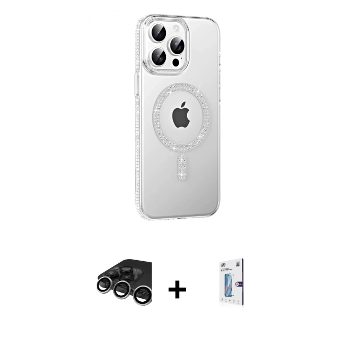 MARSİLYAN™- iPhone 15 Pro Kılıf Yörünge Koleksiyonu - Siyah Bilvis 0.18mm Plus Cam Ekran Koruyucu + Raze Metal Kamera Lens - GS