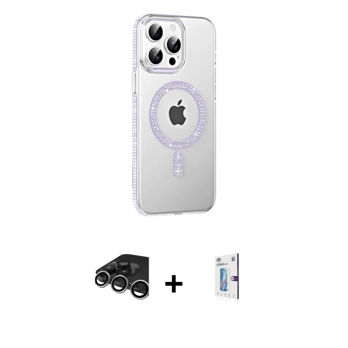 MARSİLYAN™- iPhone 15 Pro Kılıf Yörünge Koleksiyonu - Siyah Bilvis 0.18mm Plus Cam Ekran Koruyucu + Raze Metal Kamera Lens - GS