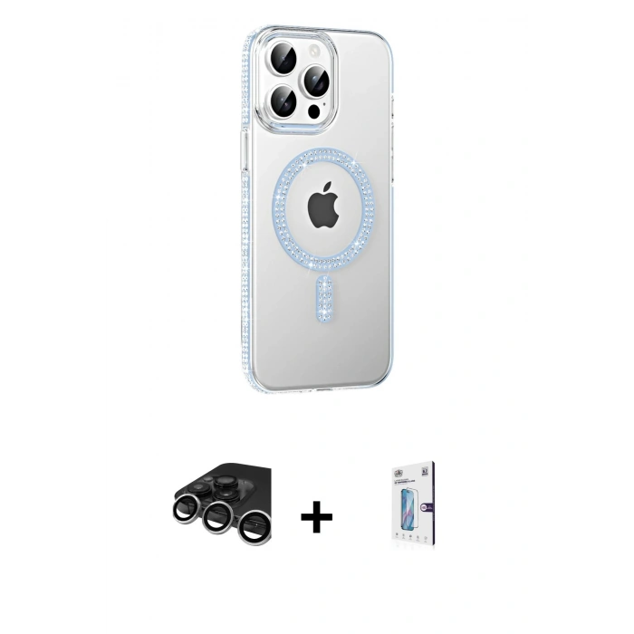 MARSİLYAN™- iPhone 15 Pro Kılıf Yörünge Koleksiyonu - Siyah Bilvis 0.18mm Plus Cam Ekran Koruyucu + Raze Metal Kamera Lens - GS