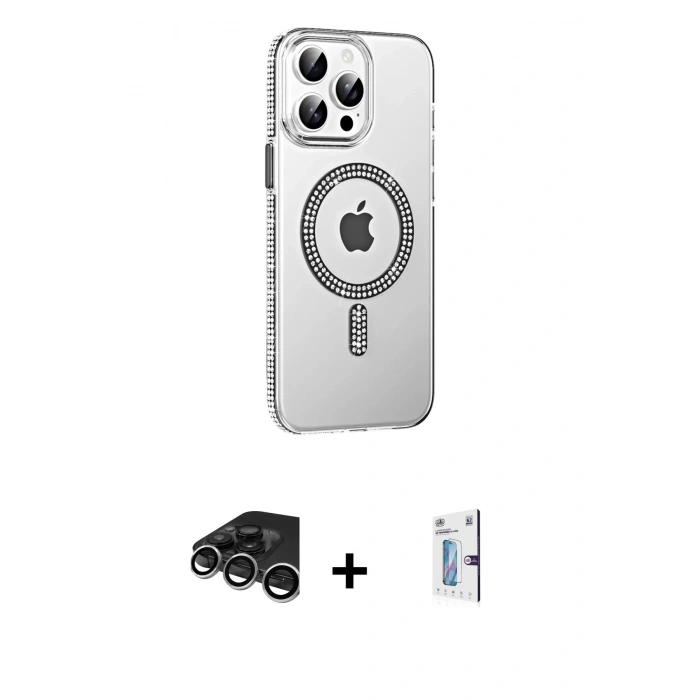 MARSİLYAN™- iPhone 15 Pro Kılıf Yörünge Koleksiyonu - Siyah Bilvis 0.18mm Plus Cam Ekran Koruyucu + Raze Metal Kamera Lens - GS