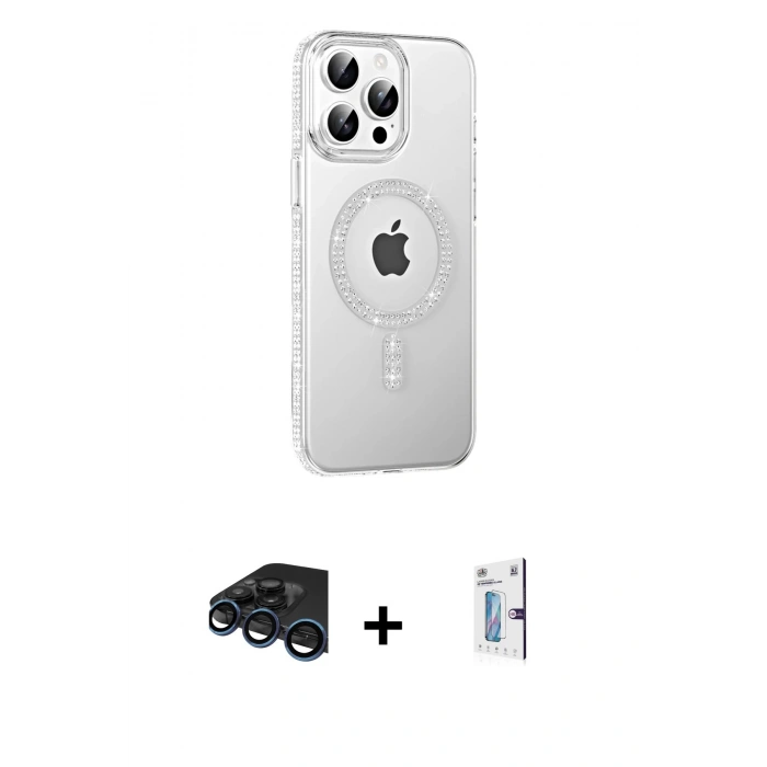 MARSİLYAN™- iPhone 15 Pro Kılıf Yörünge Koleksiyonu - Siyah Bilvis 0.18mm Plus Cam Ekran Koruyucu + Raze Metal Kamera Lens - LT
