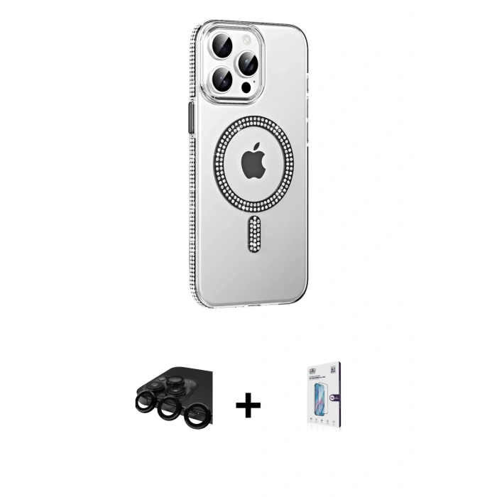 MARSİLYAN™- iPhone 15 Pro Kılıf Yörünge Koleksiyonu - Siyah Bilvis 0.18mm Plus Cam Ekran Koruyucu + Raze Metal Kamera Lens - SH