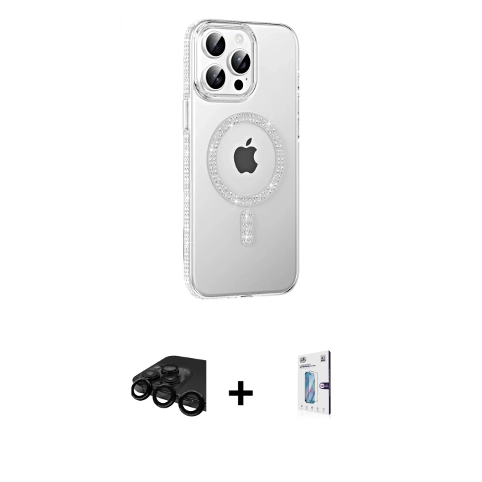 MARSİLYAN™- iPhone 15 Pro Kılıf Yörünge Koleksiyonu - Siyah Bilvis 0.18mm Plus Cam Ekran Koruyucu + Raze Metal Kamera Lens - SH