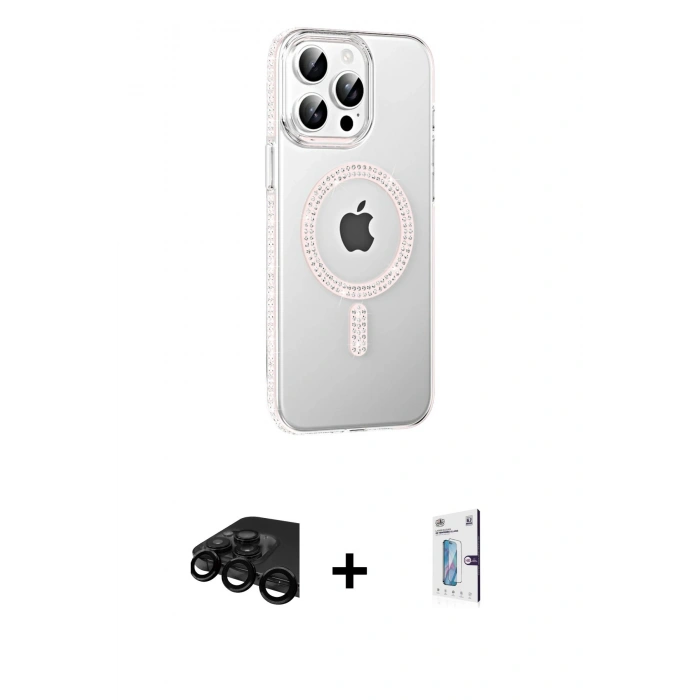 MARSİLYAN™- iPhone 15 Pro Kılıf Yörünge Koleksiyonu - Siyah Bilvis 0.18mm Plus Cam Ekran Koruyucu + Raze Metal Kamera Lens - SH