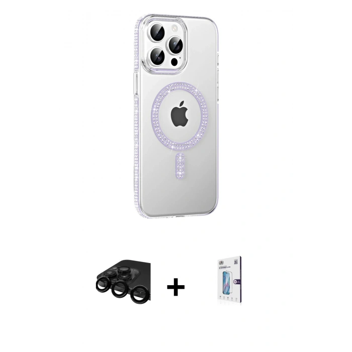 MARSİLYAN™- iPhone 15 Pro Kılıf Yörünge Koleksiyonu - Siyah Bilvis 0.18mm Plus Cam Ekran Koruyucu + Raze Metal Kamera Lens - SH