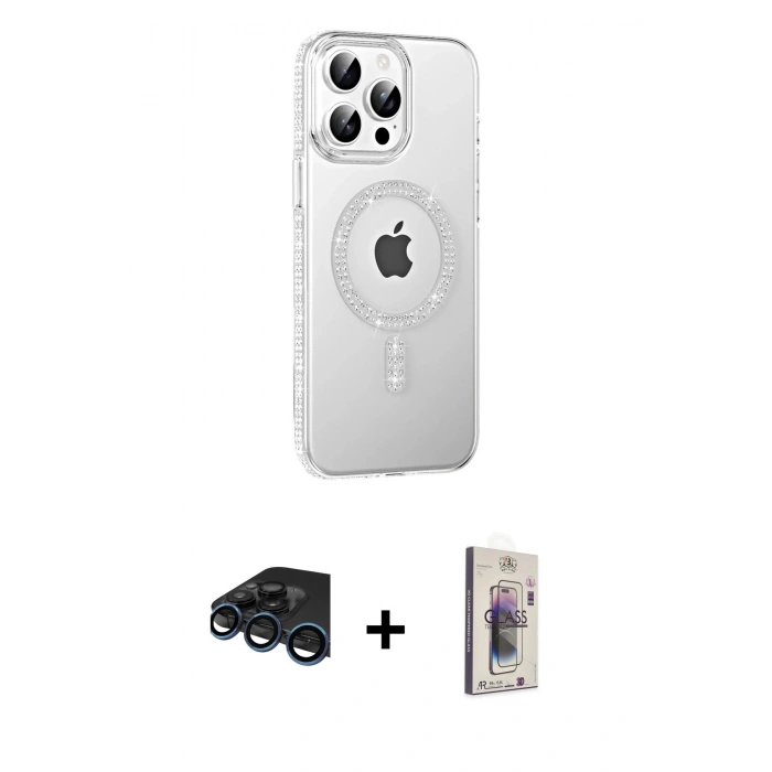 MARSİLYAN™- iPhone 15 Pro Kılıf Yörünge Koleksiyonu - Siyah Bilvis 3D Cam Ekran Koruyucu + Raze Metal Kamera Lens - LT