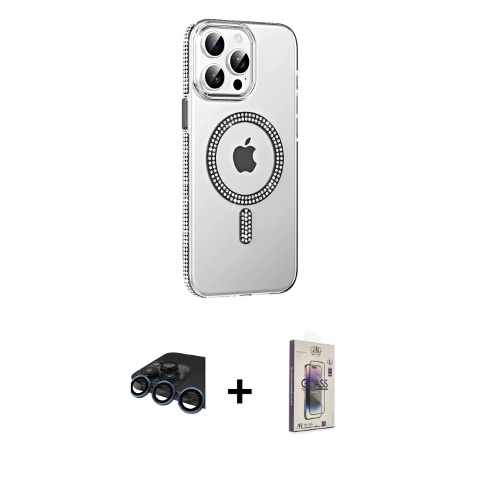MARSİLYAN™- iPhone 15 Pro Kılıf Yörünge Koleksiyonu - Siyah Bilvis 3D Cam Ekran Koruyucu + Raze Metal Kamera Lens - LT