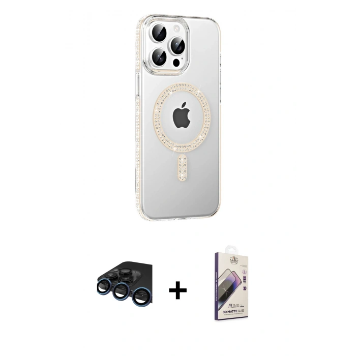 MARSİLYAN™- iPhone 15 Pro Kılıf Yörünge Koleksiyonu - Siyah Bilvis 3D Mat Cam Ekran Koruyucu + Raze Metal Kamera Lens - LT