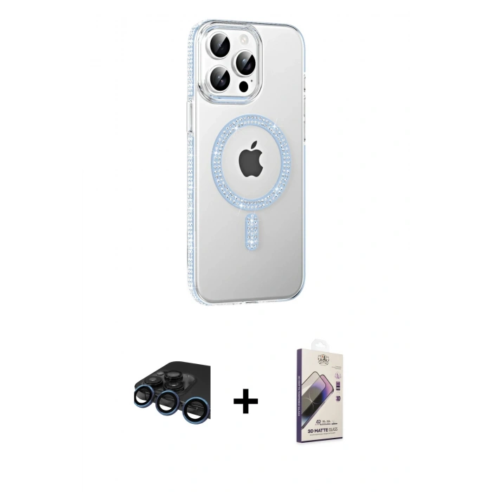MARSİLYAN™- iPhone 15 Pro Kılıf Yörünge Koleksiyonu - Siyah Bilvis 3D Mat Cam Ekran Koruyucu + Raze Metal Kamera Lens - LT