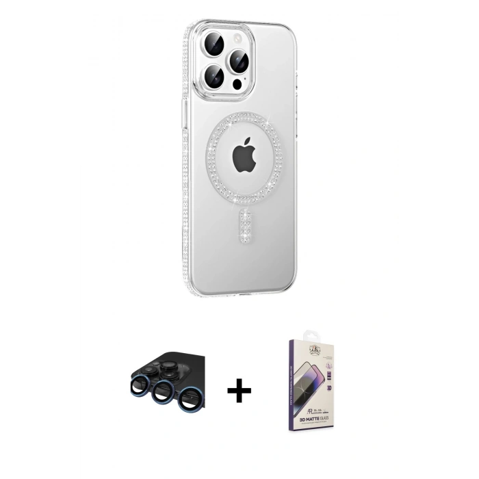 MARSİLYAN™- iPhone 15 Pro Kılıf Yörünge Koleksiyonu - Siyah Bilvis 3D Mat Cam Ekran Koruyucu + Raze Metal Kamera Lens - LT