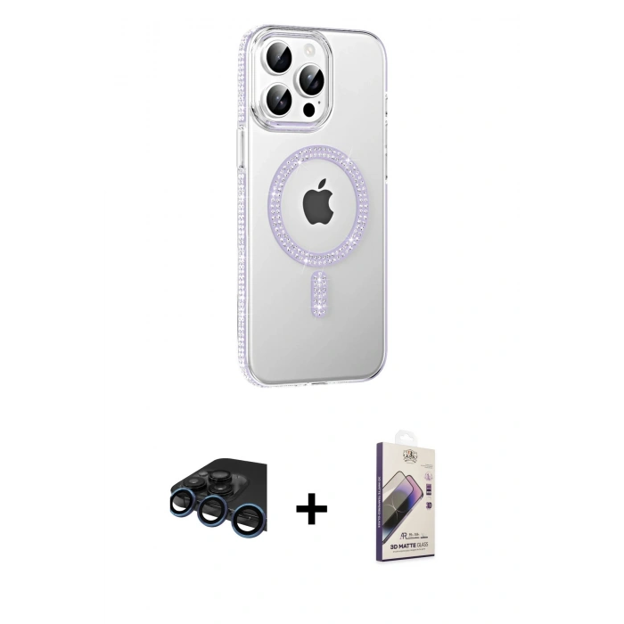 MARSİLYAN™- iPhone 15 Pro Kılıf Yörünge Koleksiyonu - Siyah Bilvis 3D Mat Cam Ekran Koruyucu + Raze Metal Kamera Lens - LT