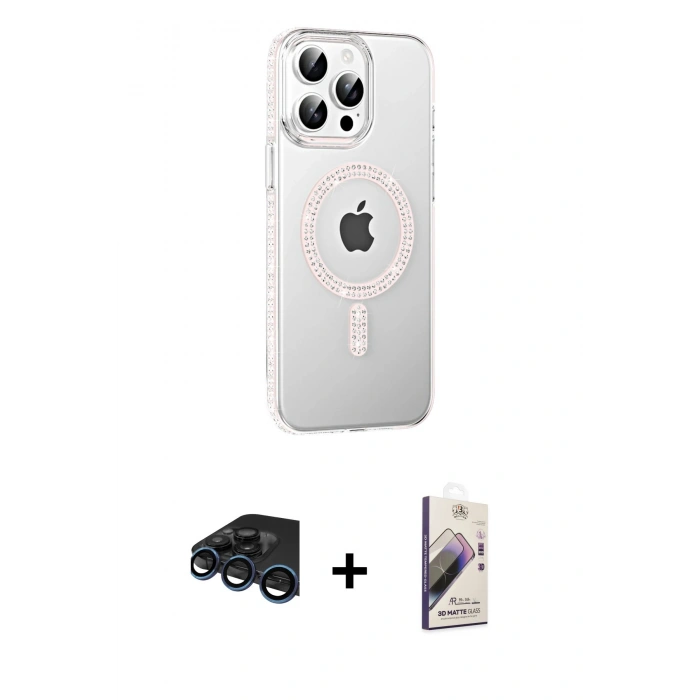 MARSİLYAN™- iPhone 15 Pro Kılıf Yörünge Koleksiyonu - Siyah Bilvis 3D Mat Cam Ekran Koruyucu + Raze Metal Kamera Lens - LT
