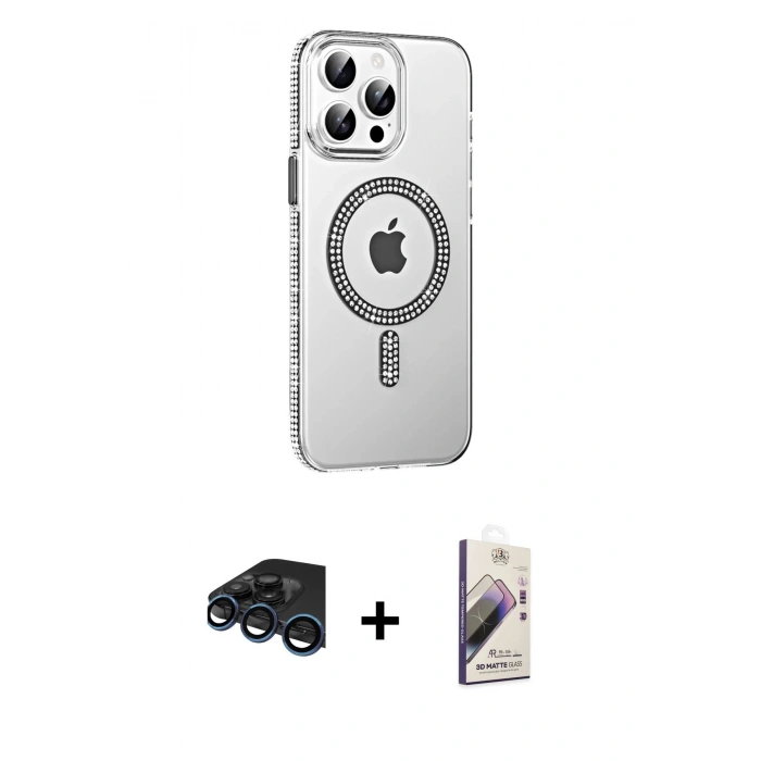 MARSİLYAN™- iPhone 15 Pro Kılıf Yörünge Koleksiyonu - Siyah Bilvis 3D Mat Cam Ekran Koruyucu + Raze Metal Kamera Lens - LT