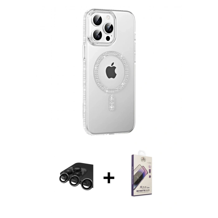 MARSİLYAN™- iPhone 15 Pro Kılıf Yörünge Koleksiyonu - Siyah Bilvis 3D Mat Cam Ekran Koruyucu + Raze Metal Kamera Lens - TMGI