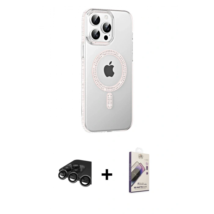MARSİLYAN™- iPhone 15 Pro Kılıf Yörünge Koleksiyonu - Siyah Bilvis 3D Mat Cam Ekran Koruyucu + Raze Metal Kamera Lens - TMGI