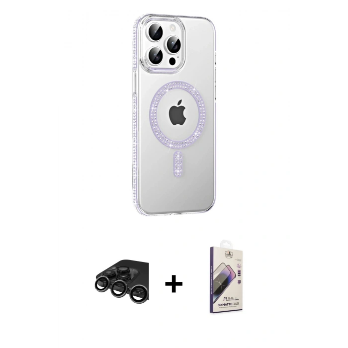 MARSİLYAN™- iPhone 15 Pro Kılıf Yörünge Koleksiyonu - Siyah Bilvis 3D Mat Cam Ekran Koruyucu + Raze Metal Kamera Lens - TMGI