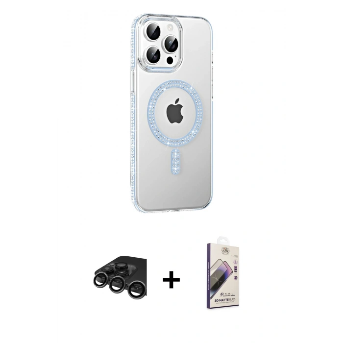 MARSİLYAN™- iPhone 15 Pro Kılıf Yörünge Koleksiyonu - Siyah Bilvis 3D Mat Cam Ekran Koruyucu + Raze Metal Kamera Lens - TMGI