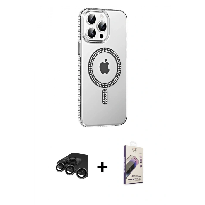 MARSİLYAN™- iPhone 15 Pro Kılıf Yörünge Koleksiyonu - Siyah Bilvis 3D Mat Cam Ekran Koruyucu + Raze Metal Kamera Lens - TMGI