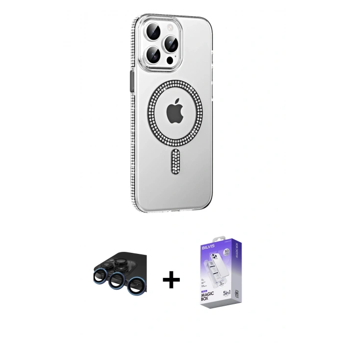 MARSİLYAN™- iPhone 15 Pro Kılıf Yörünge Koleksiyonu - Siyah Bilvis 5in1 3D Magic Cam Ekran Koruyucu + Raze Metal Kamera Lens - LT