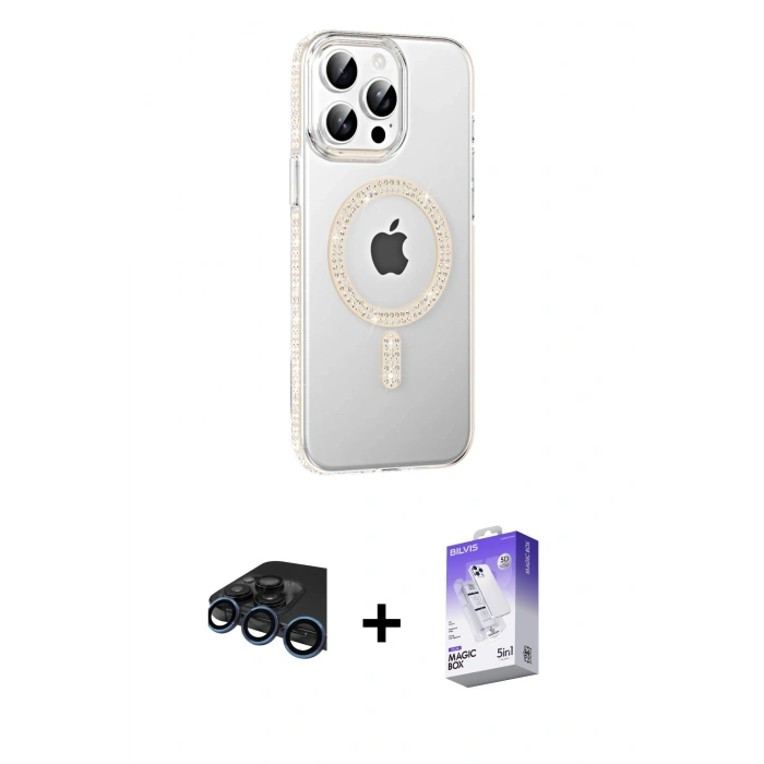 MARSİLYAN™- iPhone 15 Pro Kılıf Yörünge Koleksiyonu - Siyah Bilvis 5in1 3D Magic Cam Ekran Koruyucu + Raze Metal Kamera Lens - LT